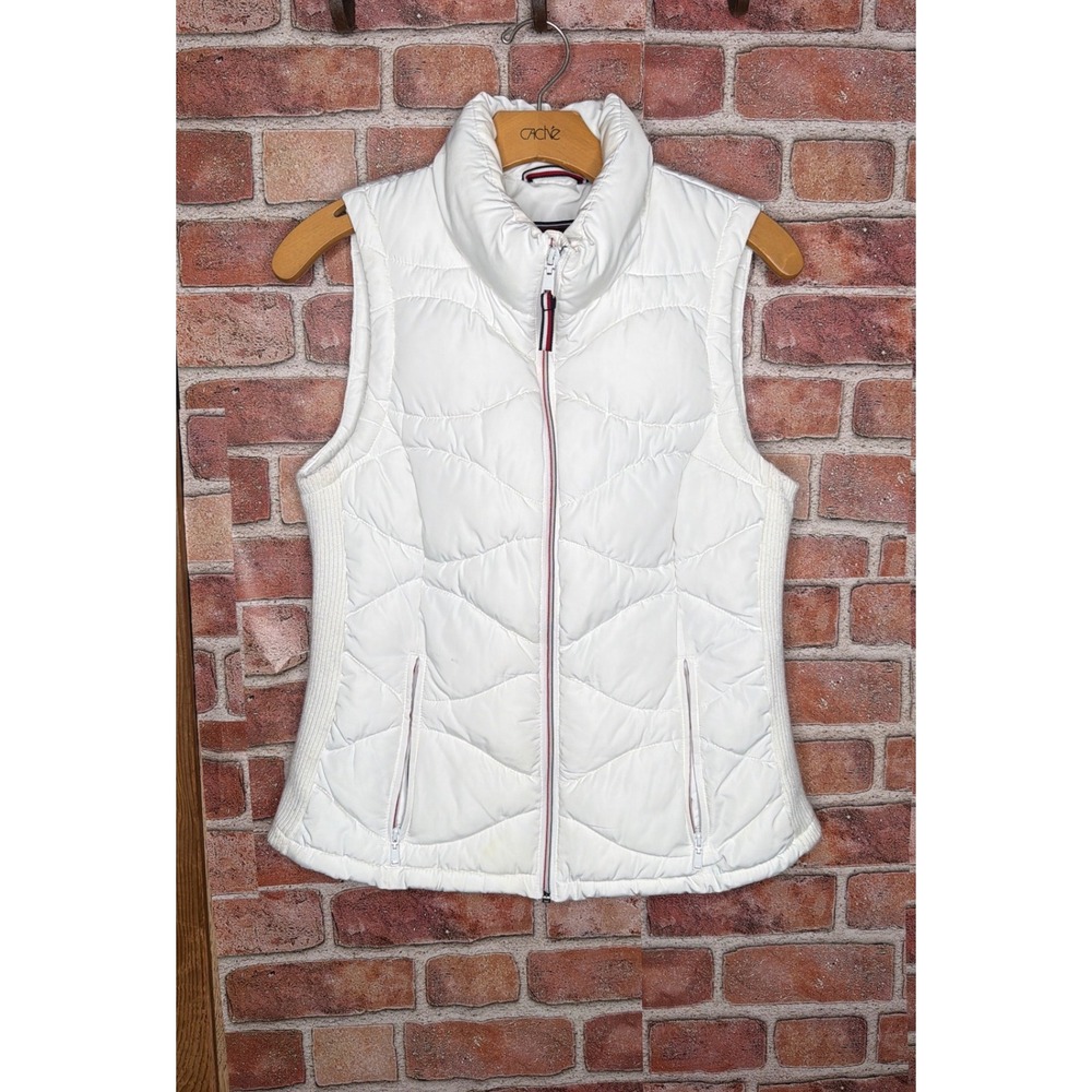 Tommy Hilfiger Womens White Puffer Vest‎ Quilted Full Zip Sleeveless Jacket XS